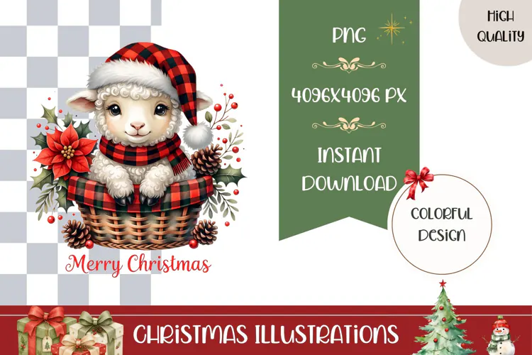 Cartoon Christmas Sheep Illustration, Christmas Basket PNG