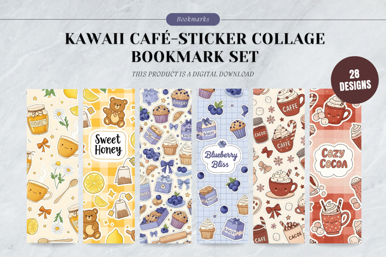 Kawaii Café Sticker Collage Bookmark Set,Cute Coffee Pastry