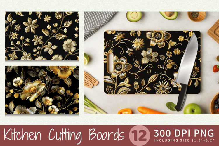 Gold Flowers Embroidery Cutting Boards sublimation Design