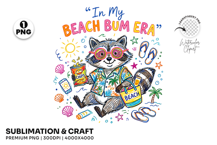 Summer Beach Bum Era Raccoon Sublimation T-Shirt Design PNG