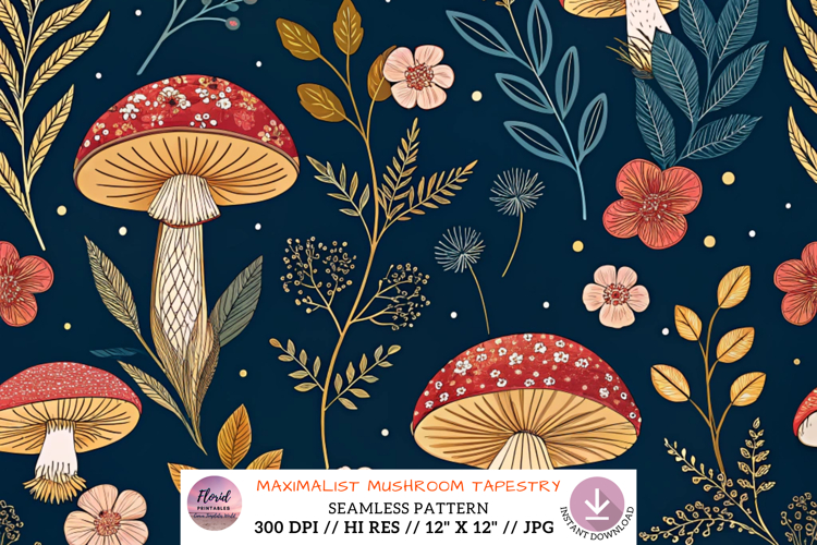 Maximalist Mushroom Tapestry Luxury Paper, Seamless Pattern