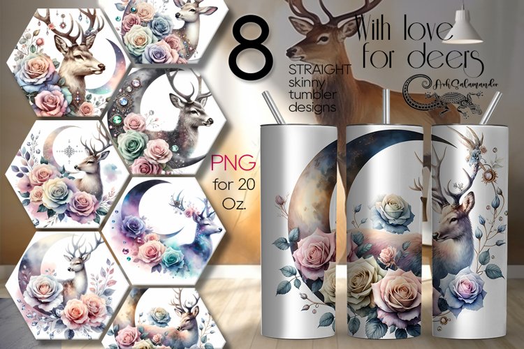 Moon, flowers & Deer | 8 Skinny tumbler sublimation designs