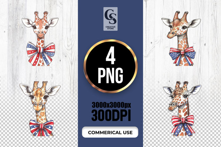 Cute Giraffe Patriotic Bow Watercolor Clipart PNG