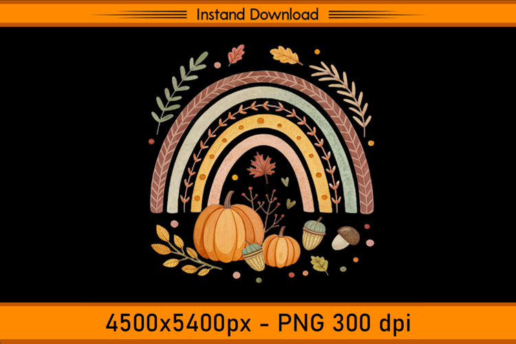 Autumn Rainbow with Pumpkins & Acorns Sublimation PNG