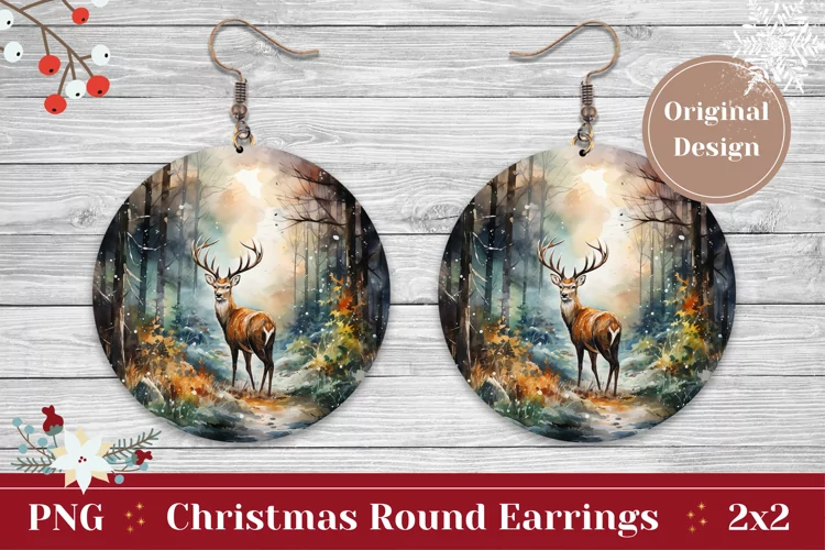 Round Christmas Earring, Watercolor Winter Deer Sublimation
