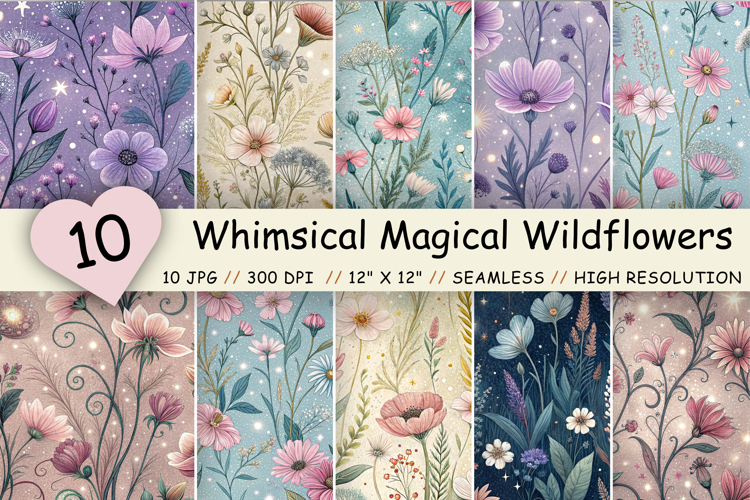 Whimsical Magical Wildflowers Seamless Pattern, Enchanted