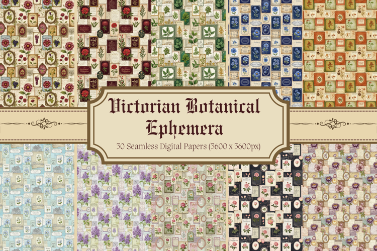 Victorian Botanical Ephemera Digital Paper,Vintage Floral example image 1