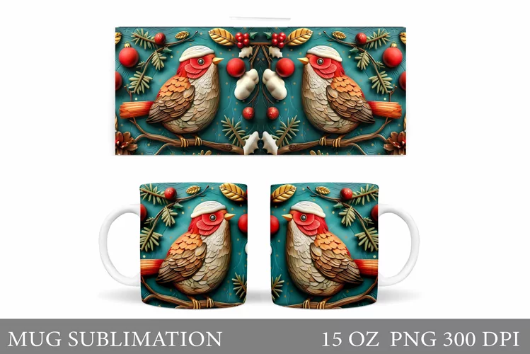 3D Bird Mug Design. Christmas Mug Sublimation