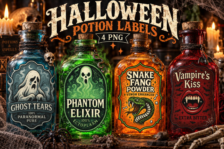 Gothic Potion Labels PNG, Ghost Vampire & Snake Elixirs example image 1