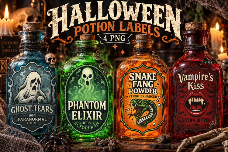 Gothic Potion Labels PNG, Ghost Vampire & Snake Elixirs