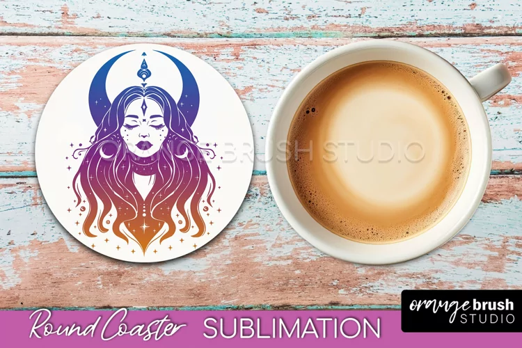 Celestial Coaster Sublimation, Boho Mystical Round Coaster