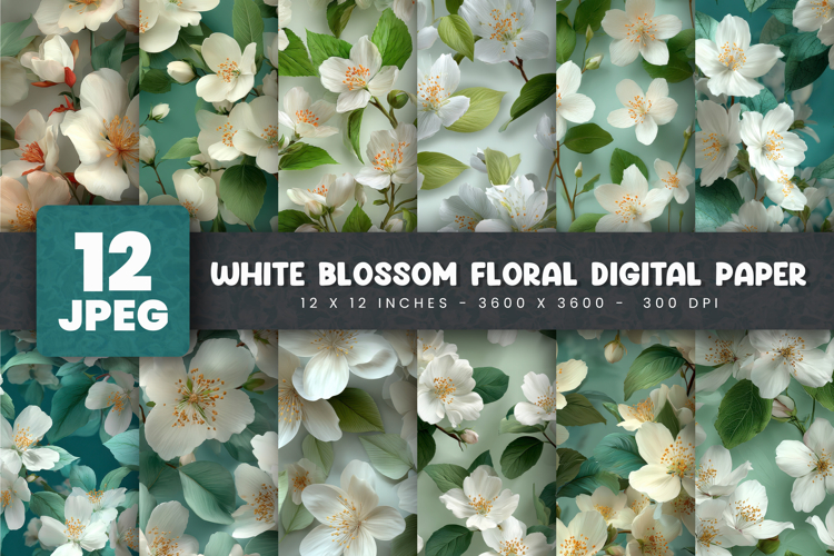 12 White Blossom Floral Digital Paper
