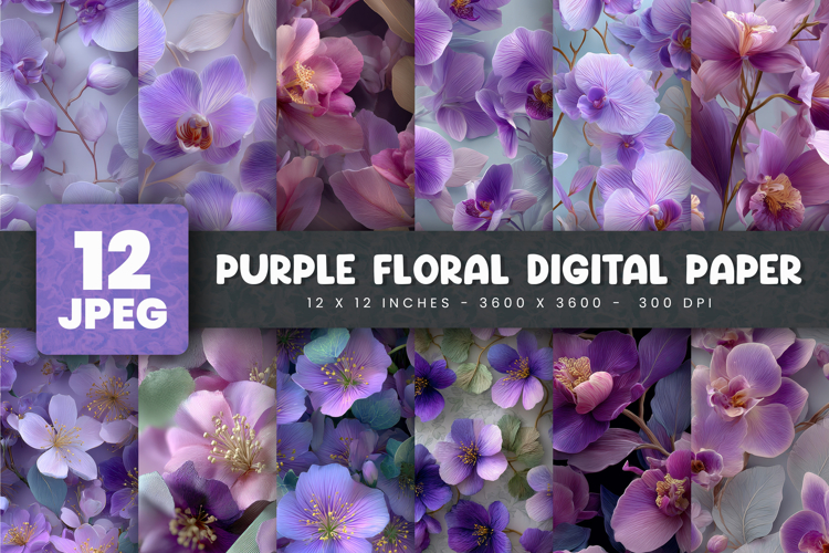 12 Purple Floral Digital Paper