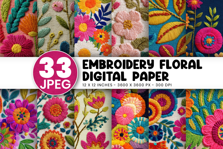Embroidery Floral Digital Paper Bundle