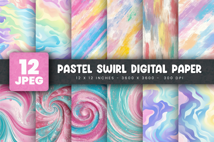 12 Pastel Swirl Rainbow Digital Paper