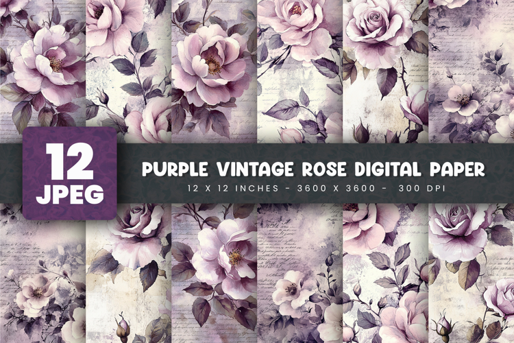 12 Purple Vintage Rose Digital Papers Bundle