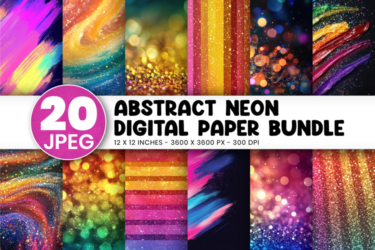 Abstract Neon Digital Paper Bundle, Rainbow Glitter