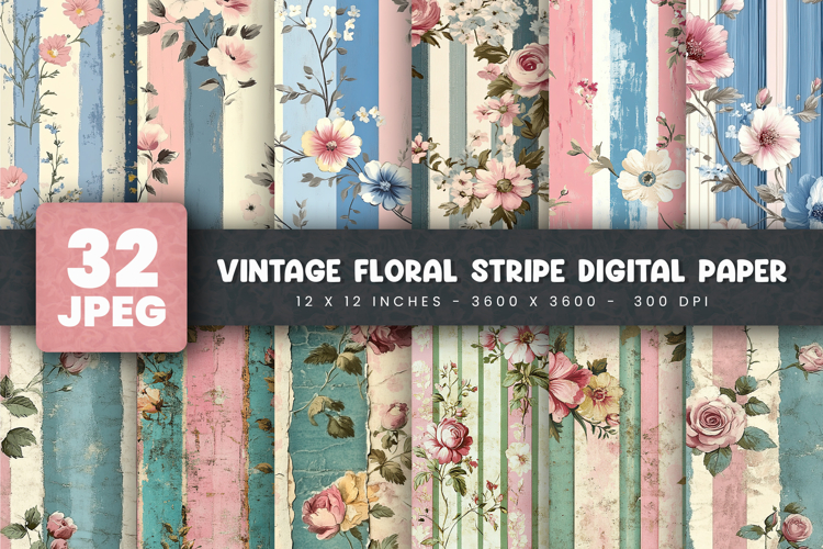 32 Vintage Floral Stripe Digital Paper