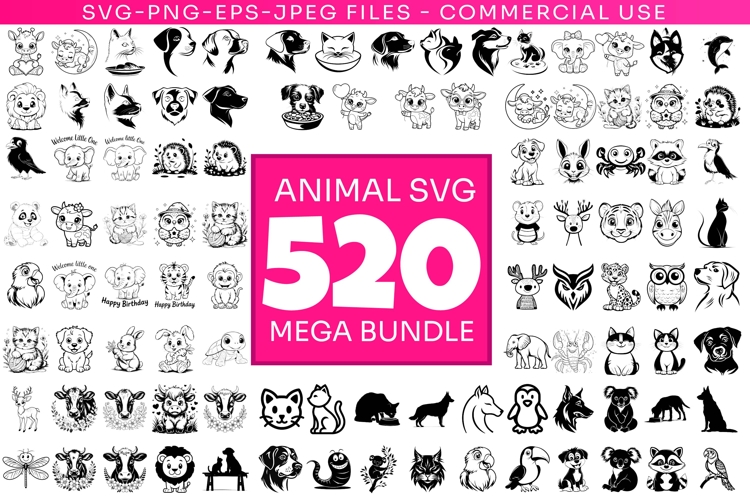 520 Cute Animal SVG Mega Bundle, Dog Cat Panda Bear SVG PNG