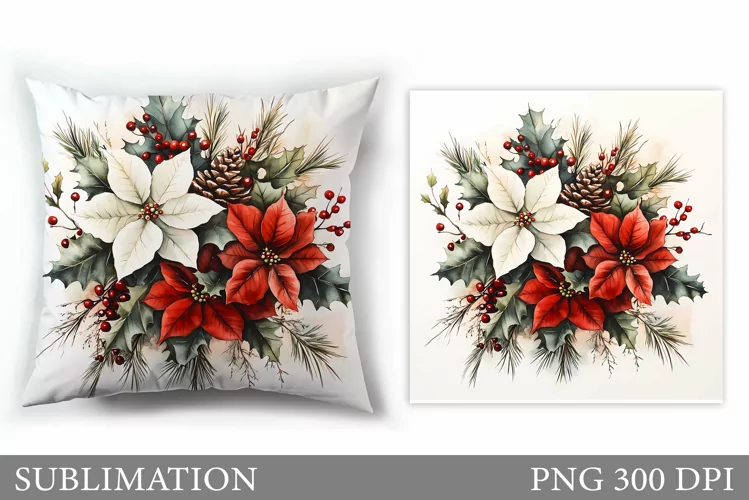 Poinsettia Pillow Sublimation. Christmas Flowers Pillow