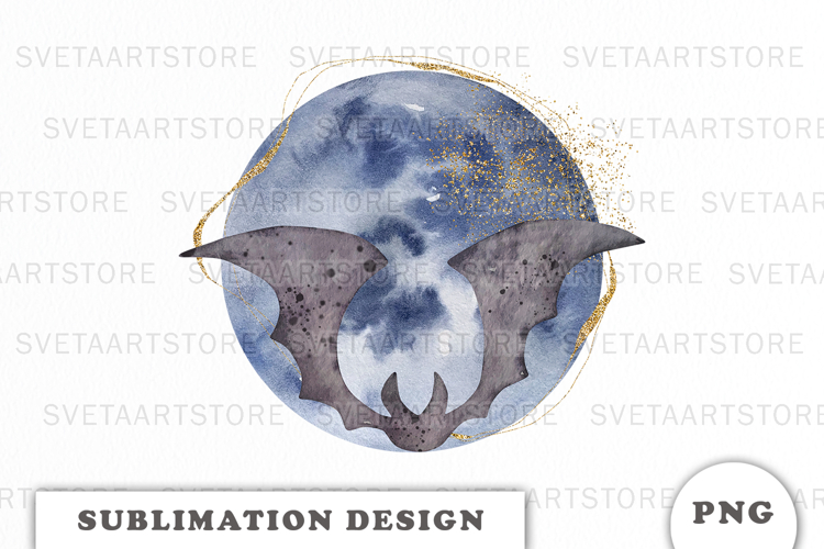 Watercolor Moon with Bat png