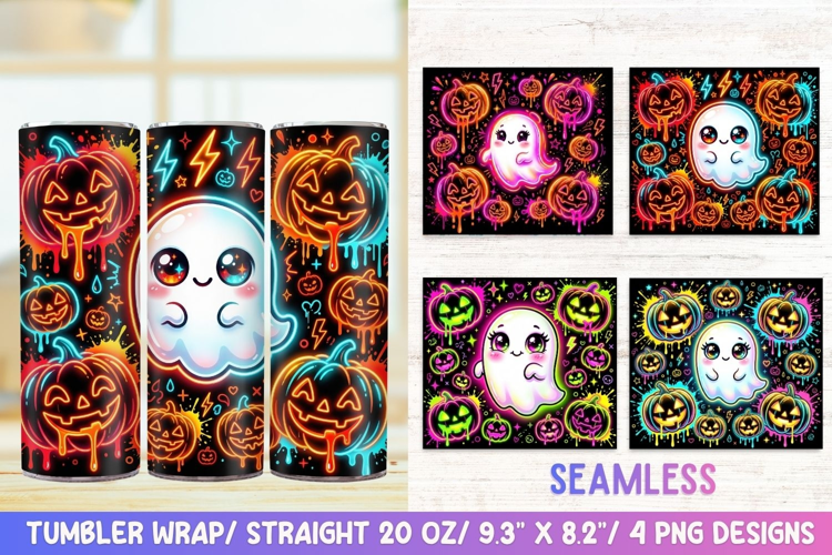 Neon Pumpkin Ghost 20 OZ Skinny Tumbler Wrap Sublimation PNG