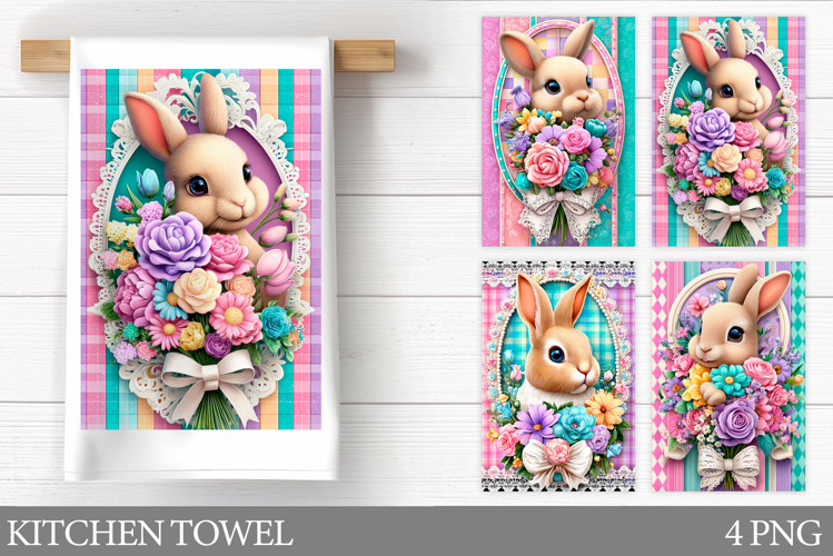 Cute Bunny Kitchen Towel. Bunny Flowers Kitchen Towel Design