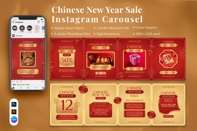 Chinese New Year Sale Instagram Carousel & Canva Template