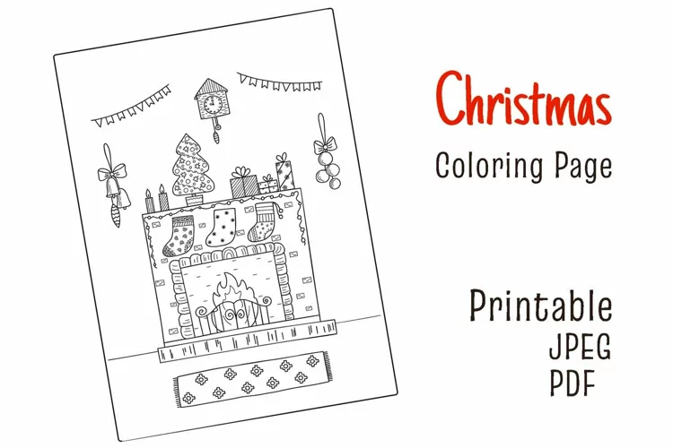 Merry Christmas Coloring Page, Fireplace, Gifts, Stockings