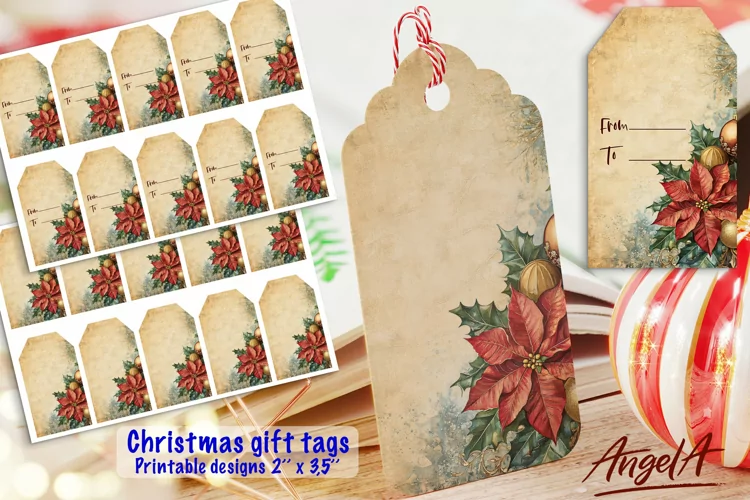 Printable Christmas gift tags PDF / poinsettia / retro paper