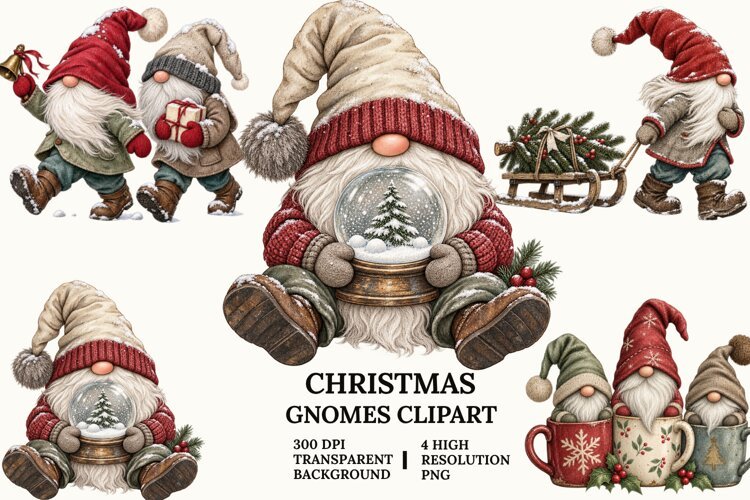 Christmas Gnome Clipart, Snow Globe, Sleigh and Mug PNG example image 1