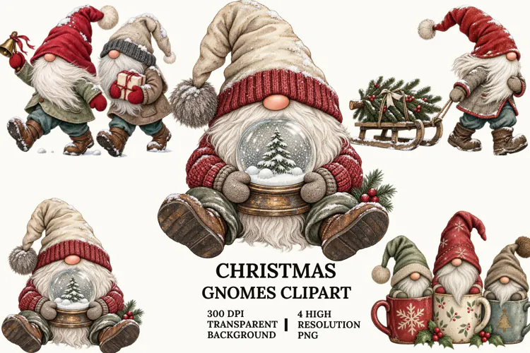 Christmas Gnome Clipart, Snow Globe, Sleigh and Mug PNG