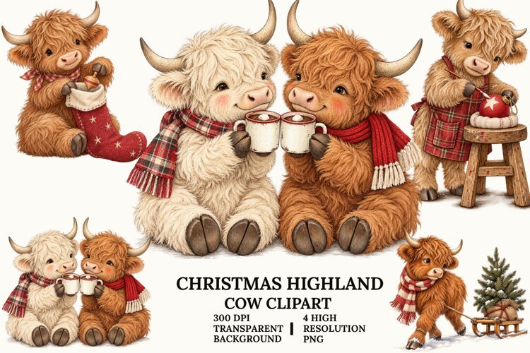 Christmas Highland Cow Clipart with Cozy Winter Holiday PNG example image 1