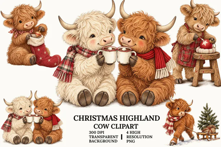 Christmas Highland Cow Clipart with Cozy Winter Holiday PNG
