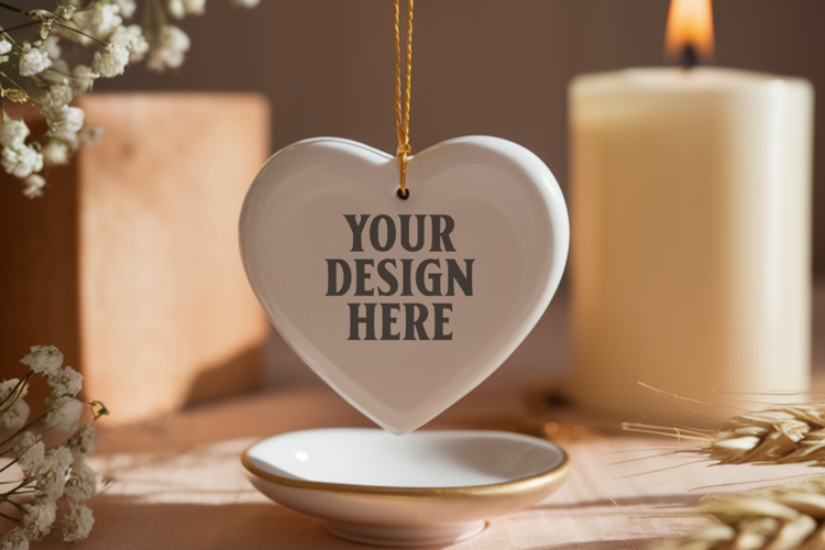 Romantic Christmas Ceramic Heart Ornament Mockup | Holiday