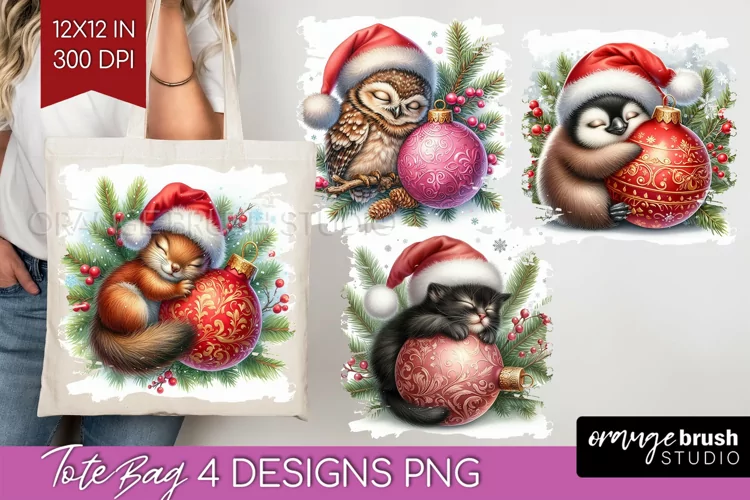 Christmas Animals Tote Bag - Cute Christmas Tote Bag PNG
