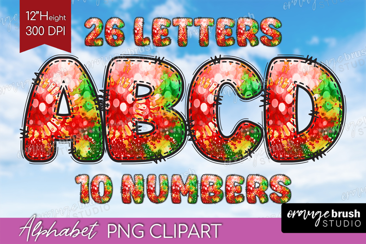 Christmas Doodle Alphabet Clipart - Tie Dye Letters PNG