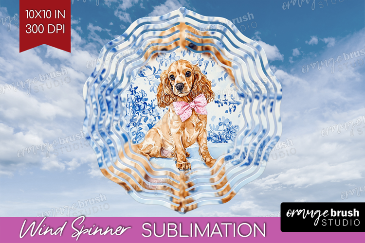 Cocker Spaniel Dog Wind Spinner Sublimation PNG Blue Toile