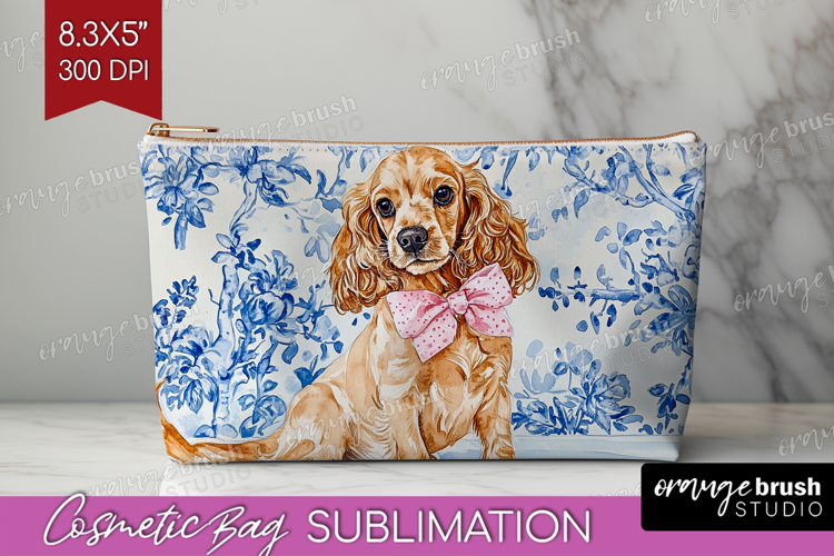 Cocker Spaniel Dog Cosmetic Bag Blue Toile Makeup Bag PNG