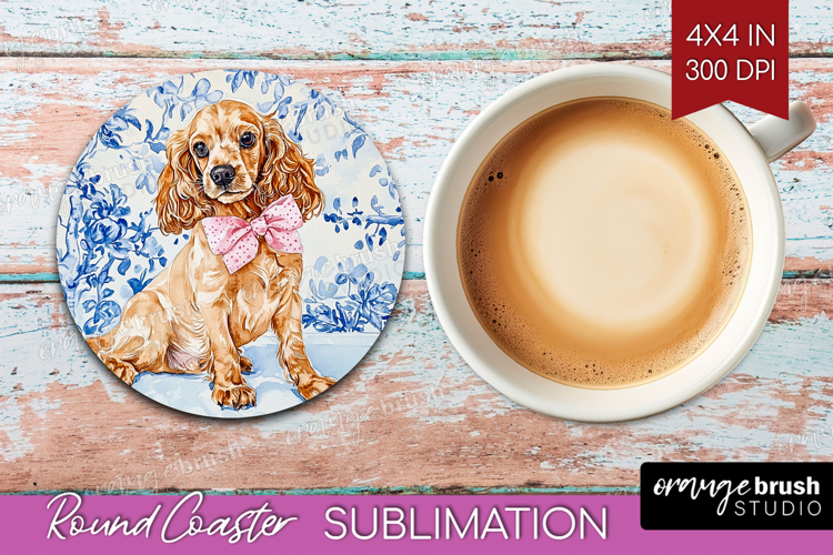 Cocker Spaniel Dog Round Coaster Blue Toile Coaster PNG