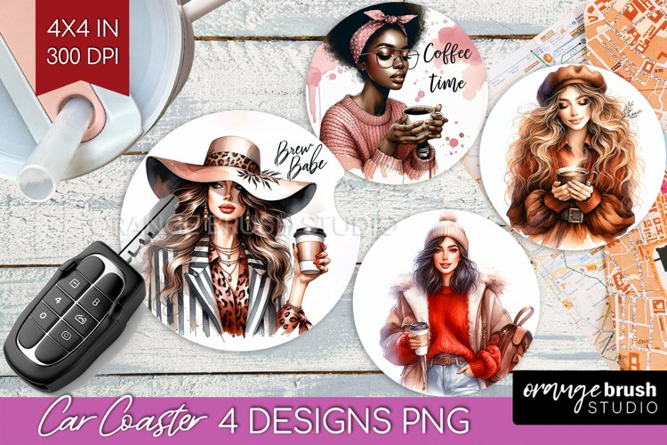 Coffee Girl Car Coaster - Coffee Lover Coaster PNG