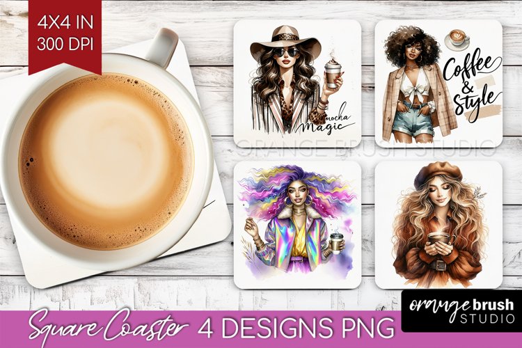 Coffee Girl Square Coaster - Coffee Lover Coaster PNG example image 1