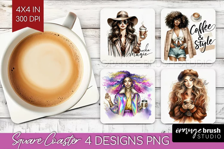 Coffee Girl Square Coaster - Coffee Lover Coaster PNG