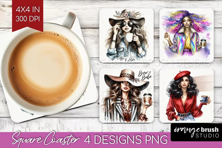 Coffee Girl Square Coaster - Coffee Lover Coaster PNG
