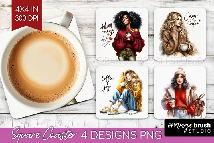 Coffee Girl Square Coaster - Coffee Lover Coaster PNG