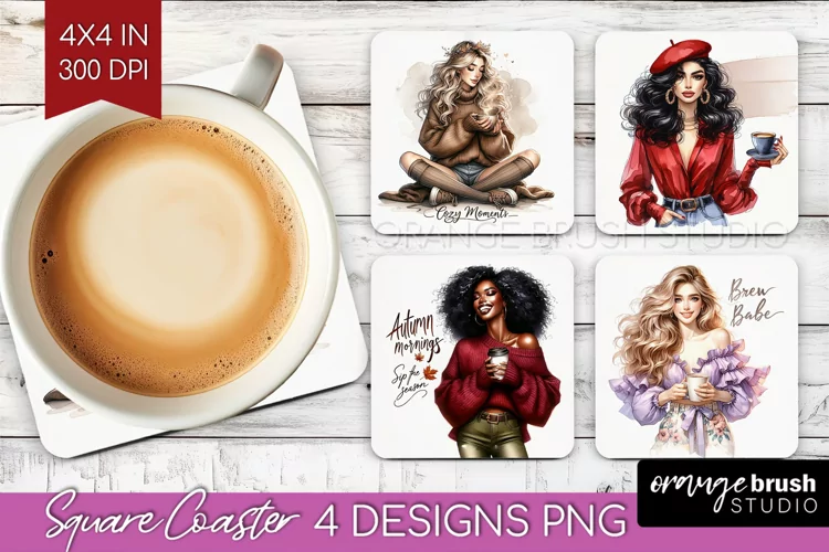 Coffee Girl Square Coaster - Coffee Lover Coaster PNG