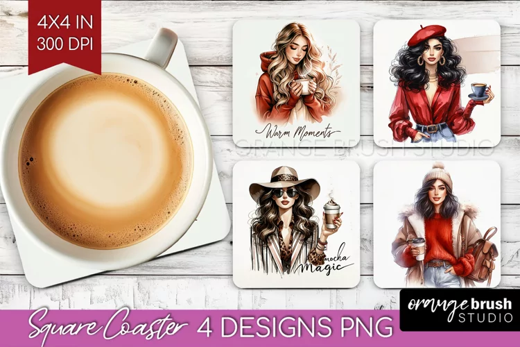Coffee Girl Square Coaster - Coffee Lover Coaster PNG