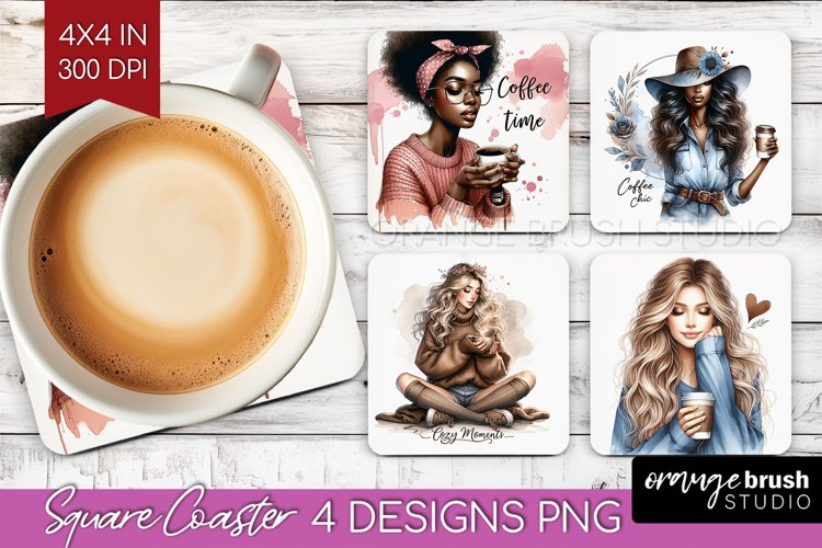 Coffee Girl Square Coaster - Coffee Lover Coaster PNG example image 1