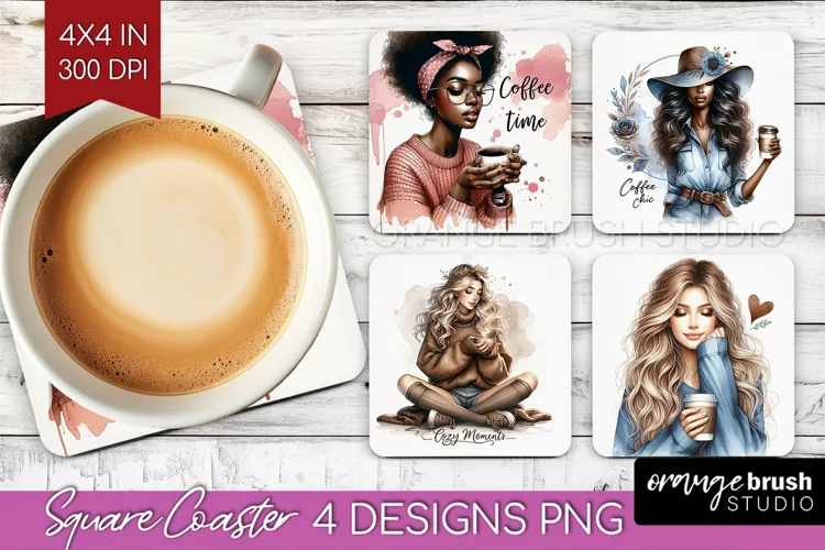 Coffee Girl Square Coaster - Coffee Lover Coaster PNG