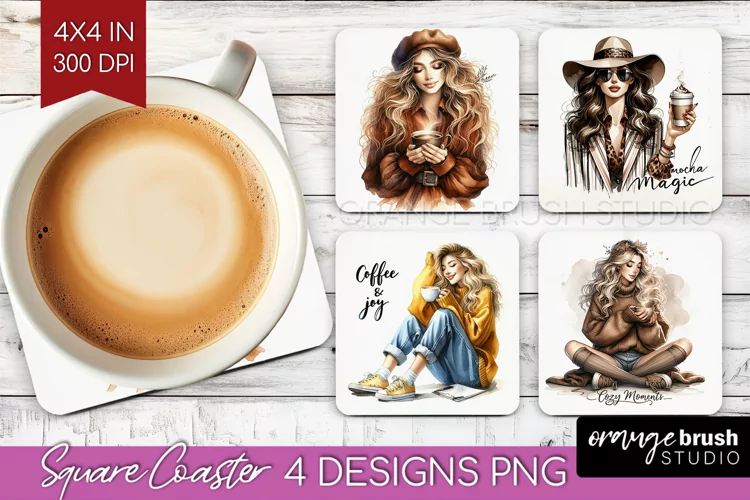 Coffee Girl Square Coaster - Coffee Lover Coaster PNG